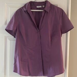 Striking purple v-neck button down blouse.